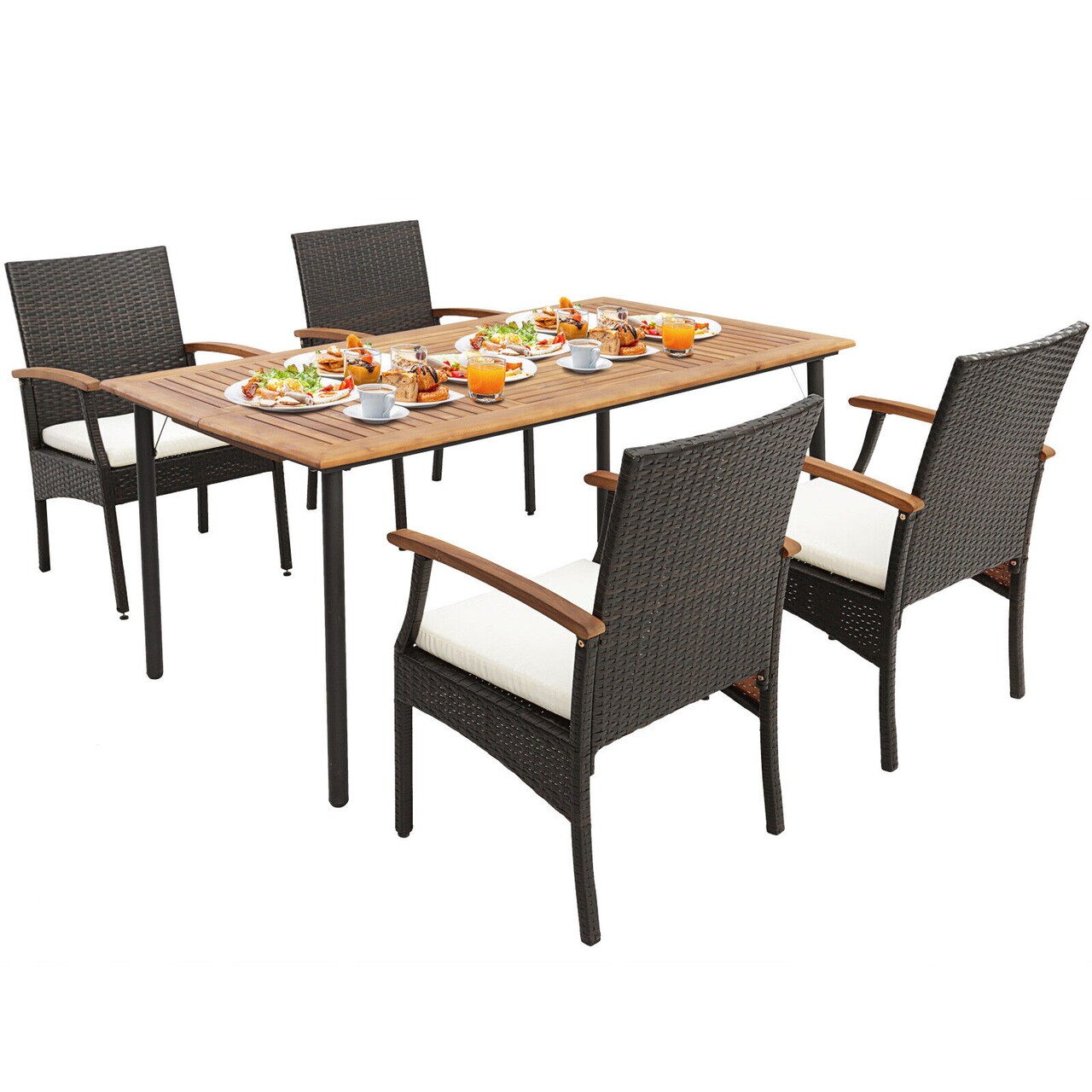 Mix Brown Outdoor Bar Set with Acacia Wood Table and Four Rattan Chairs Cushioned Seats Durable Metal Frame